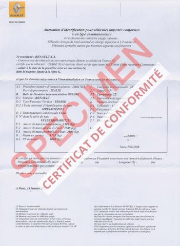 Certificat de Conformité Dacia SANDERO