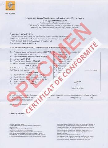 Certificat de Conformité Dacia LOGAN